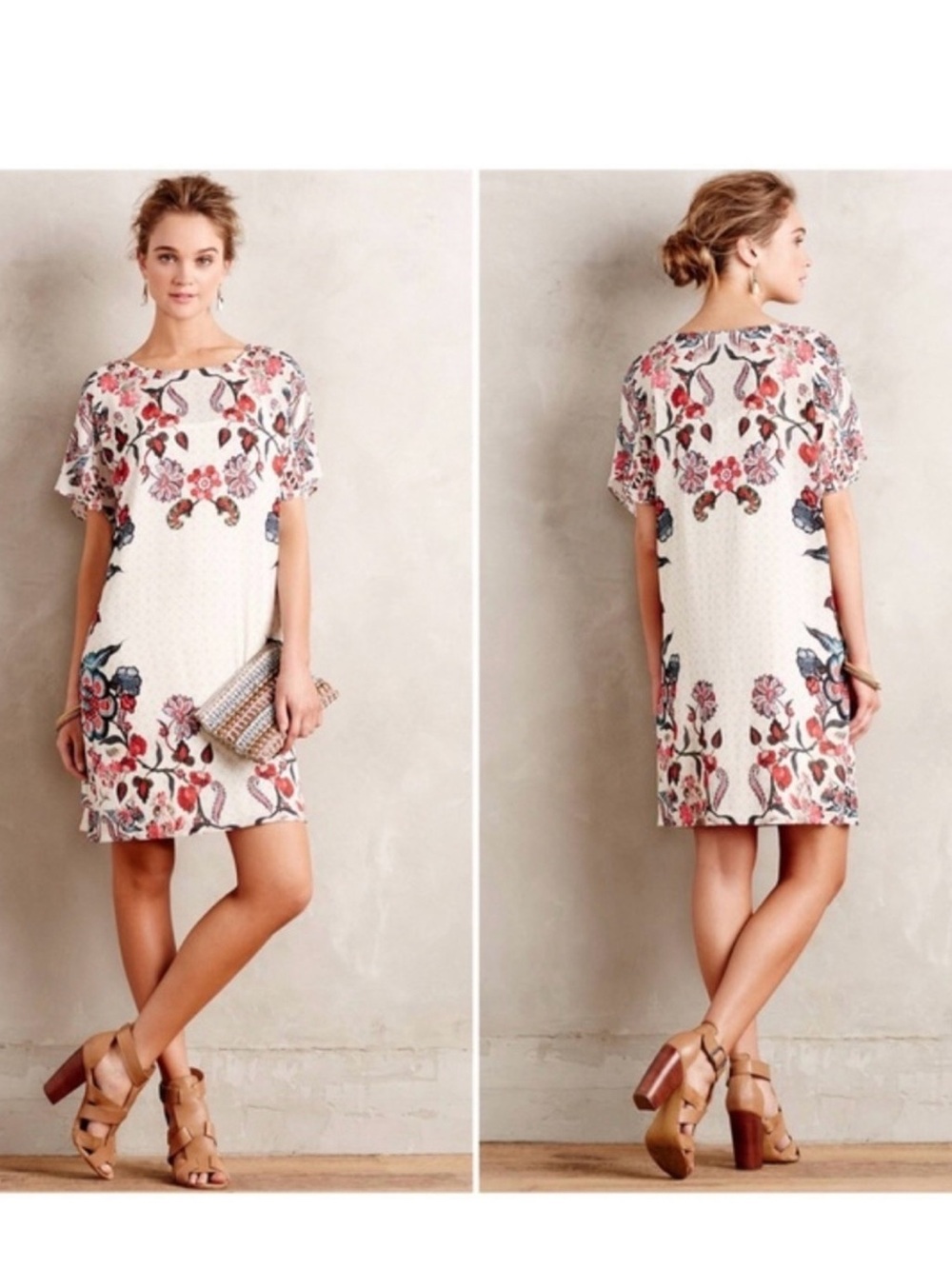 Anthropologie Cream Floral Shift Dress with Pink and Blue Accents